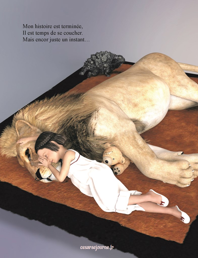Lya endormie aux côtés du lion Crinièreauvent