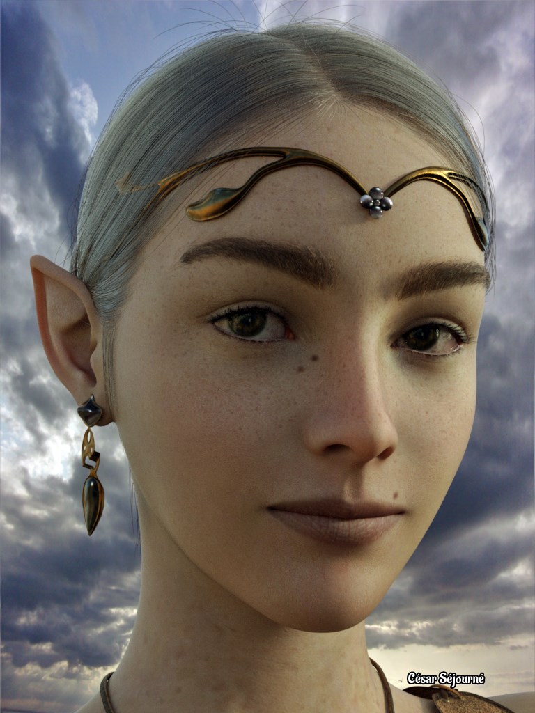 visage d'elfe avec bijou et décors