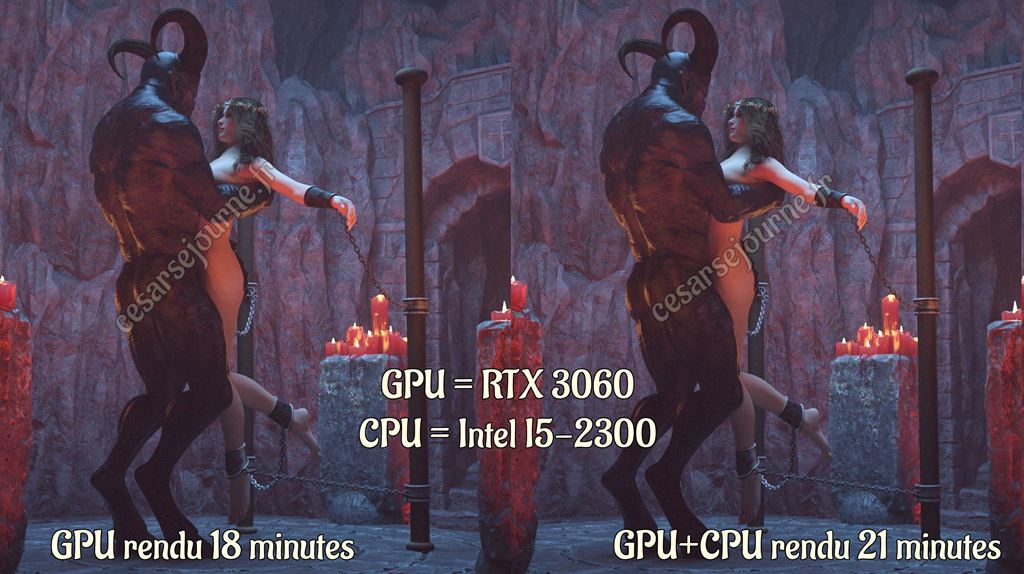 image de daz3d comparaison temps de rendu GPU seul versus CPU+GPU